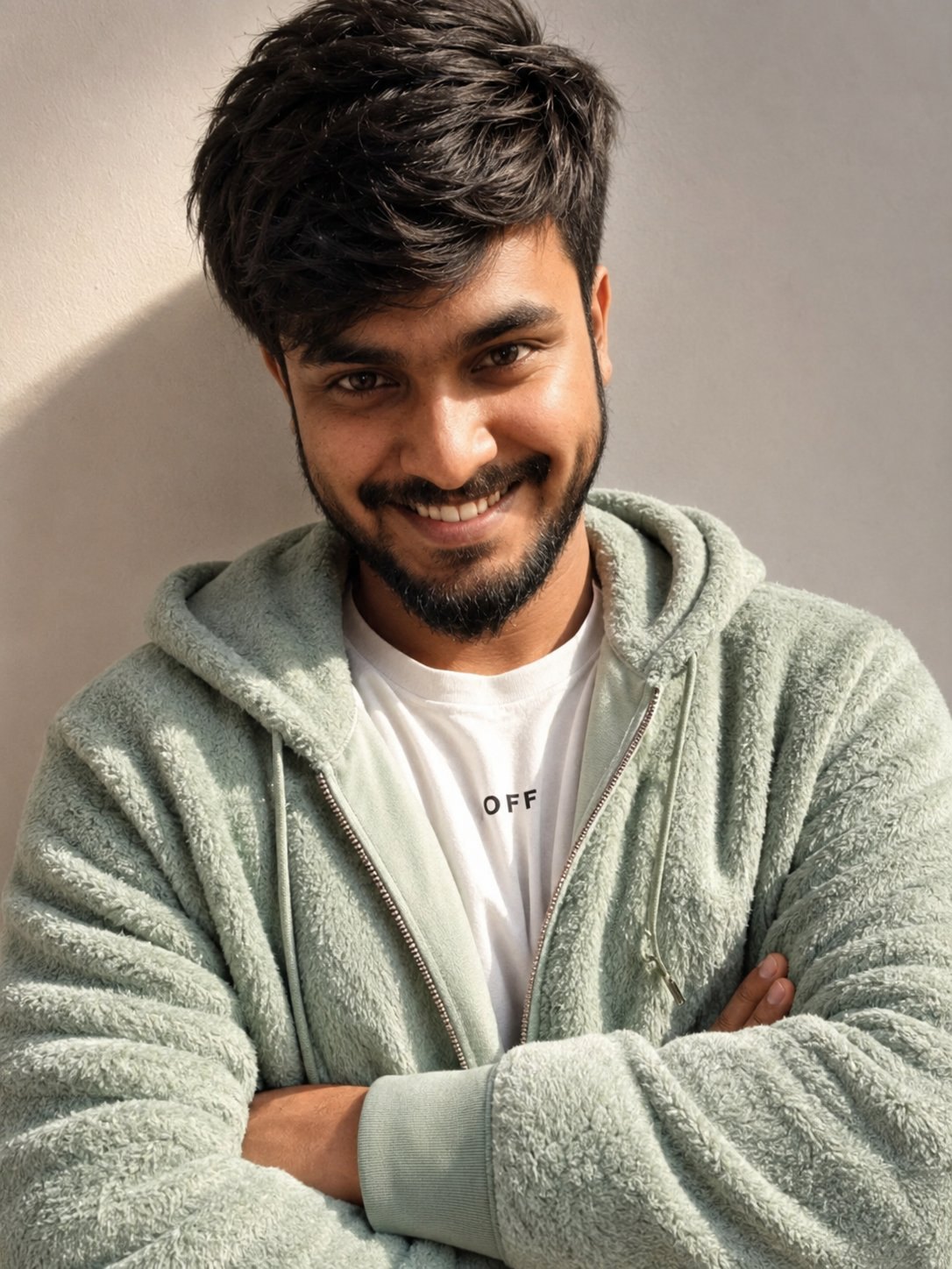 Nayem Hossain smiling, wearing a mint fleece hoodie