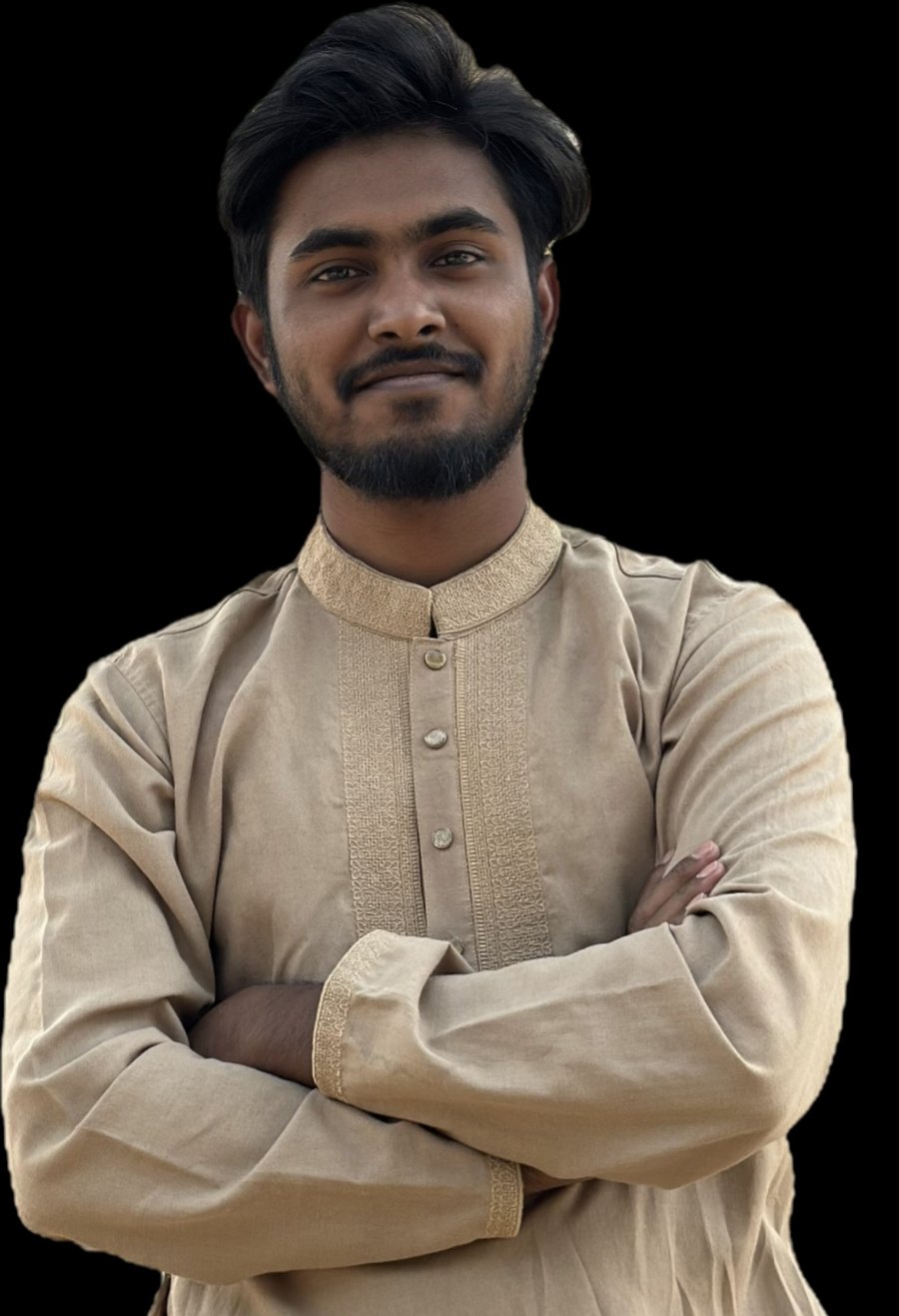 Nayem in a beige panjabi, arms crossed